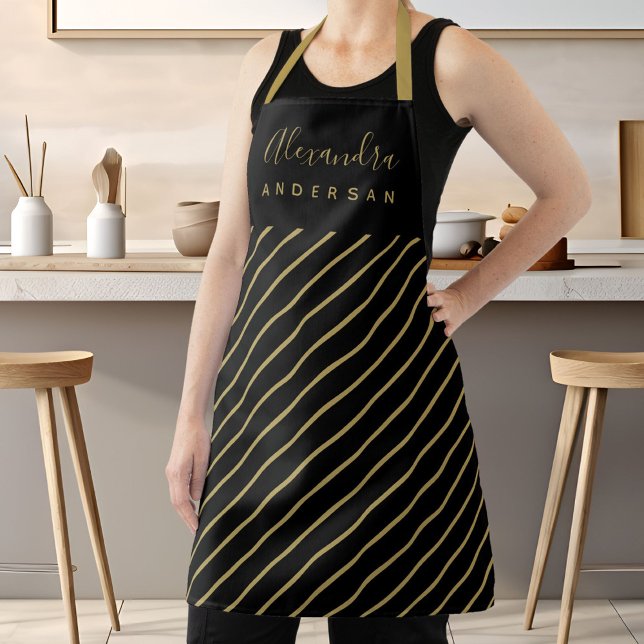Vertical Gold Stripes Black Script Name Apron (Elegant Script Name Monogram Black Gold Stripes Apron)