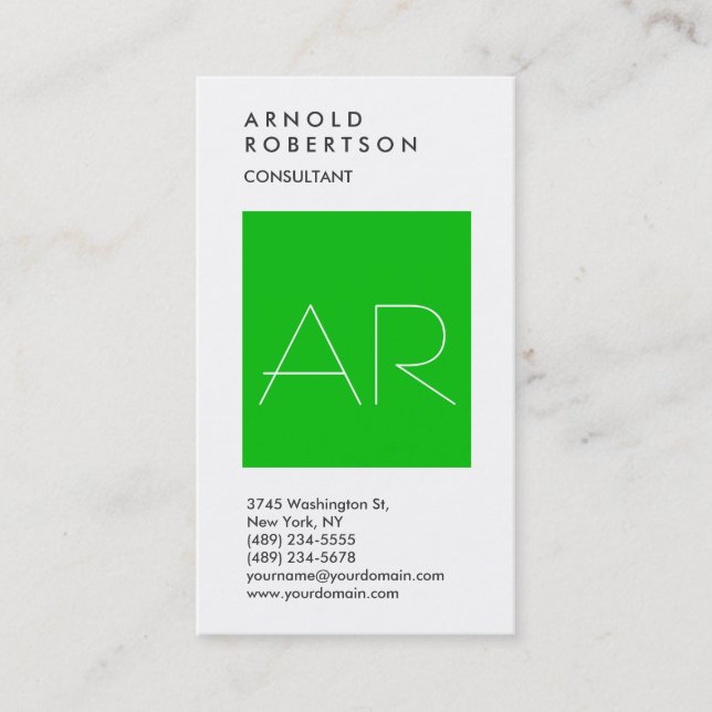 Vertical Green White Monogram Business Card (Front)