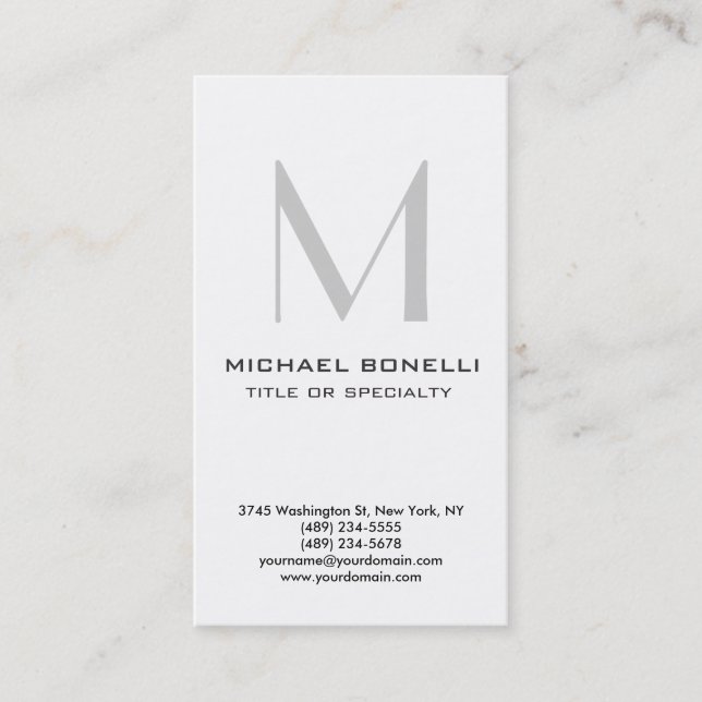 Vertical Grey Monogram Trendy Business Card (Front)
