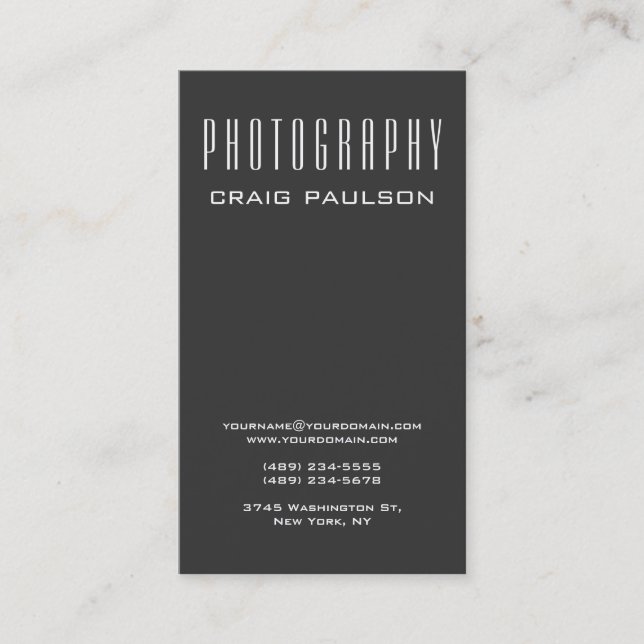 Vertical Grey Photography Artist Business Card (Front)
