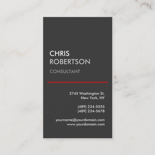 Vertical Grey Red Line Attractive Business Card (Front)