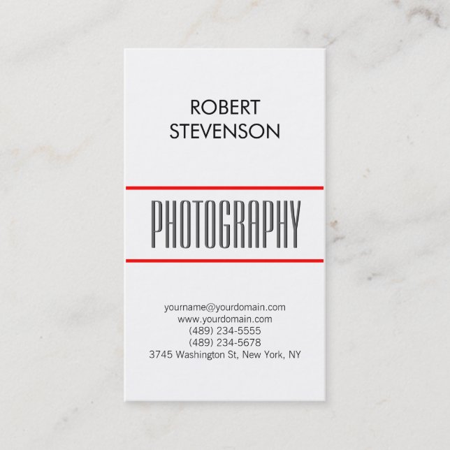 Vertical Grey Red Lines White Artist Business Card (Front)