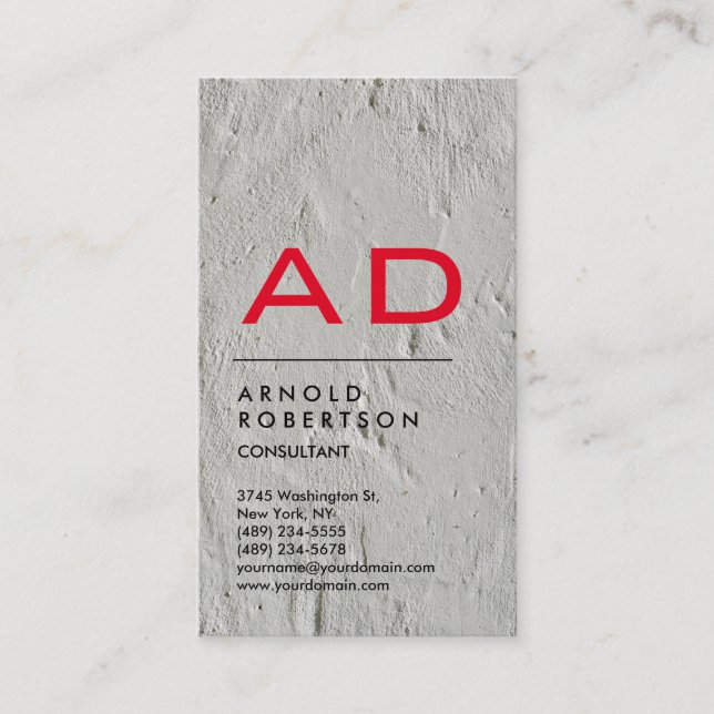 Vertical Grey Wall Trendy Red Monogram Business Card (Front)