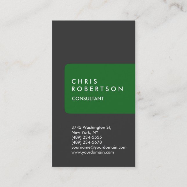 Vertical Grey White Green Stripe Business Card (Front)