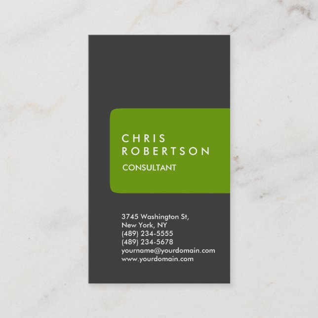 Vertical Grey White Green Stripe Business Card (Front)