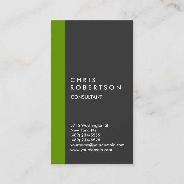 Vertical Grey White Green Stripe Business Card (Front)