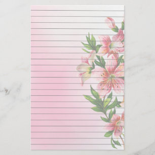 Vertical Group of Pink Flowers Lined Stationery