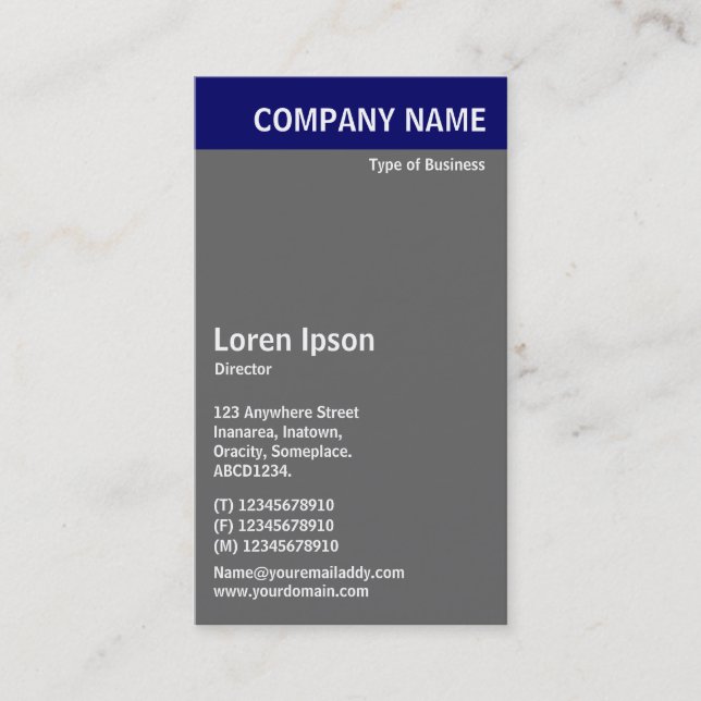 Vertical Header - Blue with Grey and White Business Card (Front)