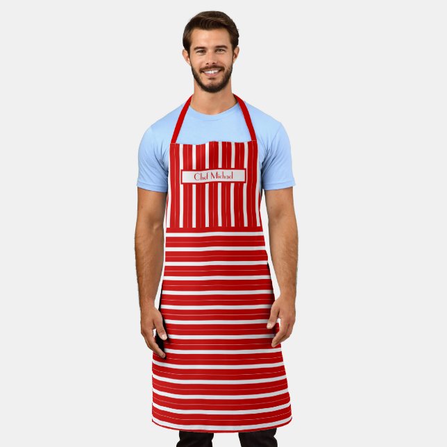 Vertical Horiz Stripe #3 DIY Colours Red White SV Apron (Worn)