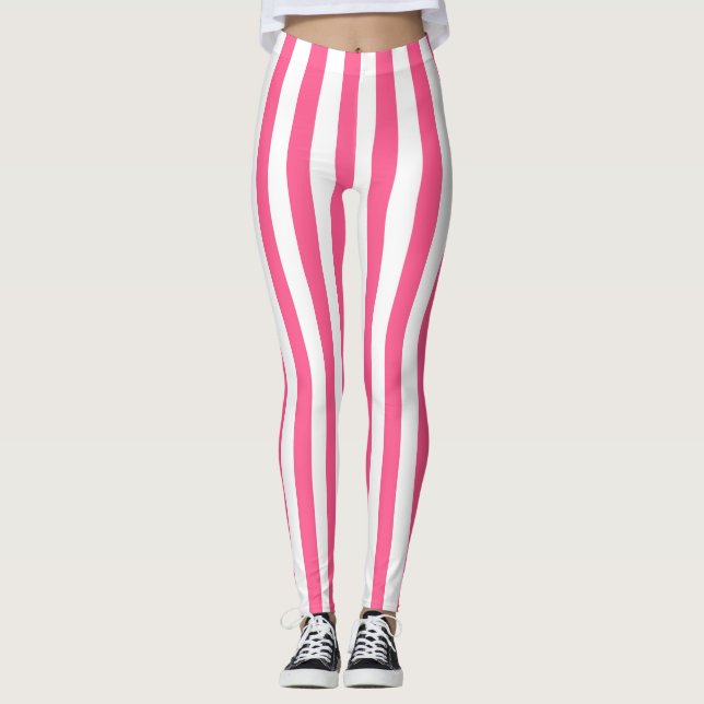 Vertical Hot Pink and White Stripes Leggings (Front)