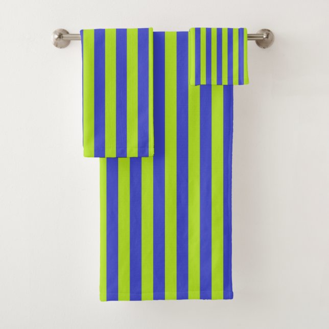 Vertical Lime Green and Blue Stripes Bath Towel Set (Insitu)