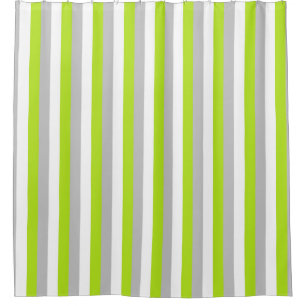 Vertical Lime Green, Silver and White Stripes Shower Curtain