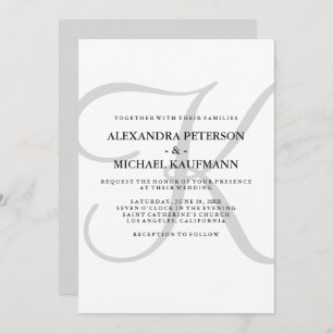 Vertical Modern Classic Monogram in Grey Wedding Invitation