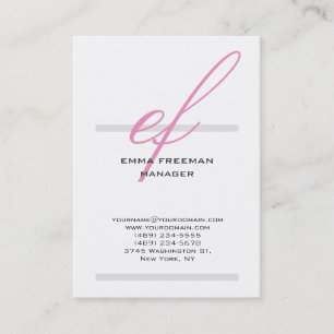 Vertical modern pink grey white huge monogram business card