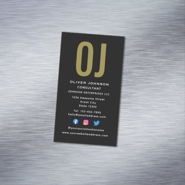 Vertical Monogram Initials Name Black White Gold Magnetic Business Card (In Situ)