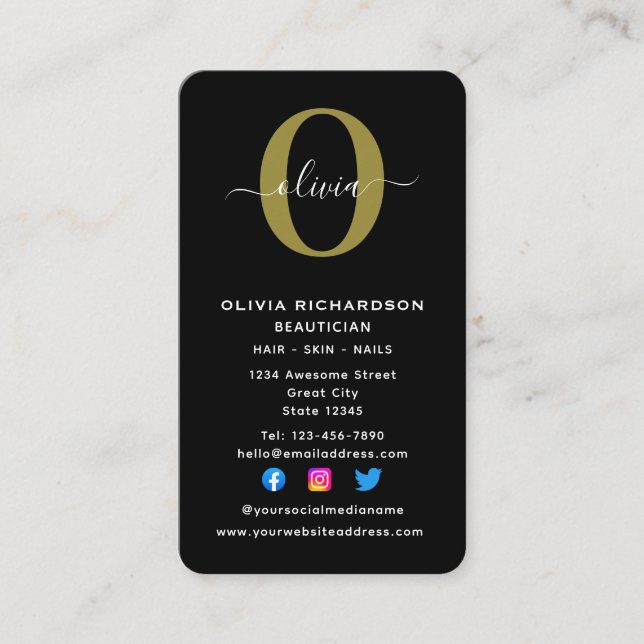 Vertical Monogram Script Name Black White Gold Business Card (Front)