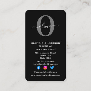 Vertical Monogram Script Name Black White Grey Business Card