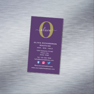 Vertical Monogram Script Name Purple White Gold Magnetic Business Card