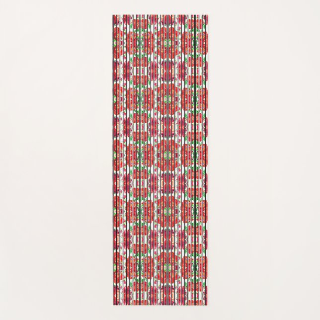 Vertical patterned fabric showcasing red flowers yoga mat (Front)