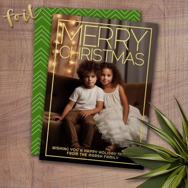 Vertical Photo - Huge Merry Christmas with Border Foil Holiday Card (Photo Christmas Card with Gold Foil Accent - Modern Merry Christmas)