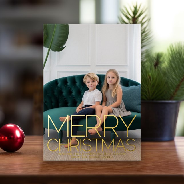 Vertical Photo - Merry Christmas - Joy to World Foil Holiday Card (Modern Christmas Card with Photos)