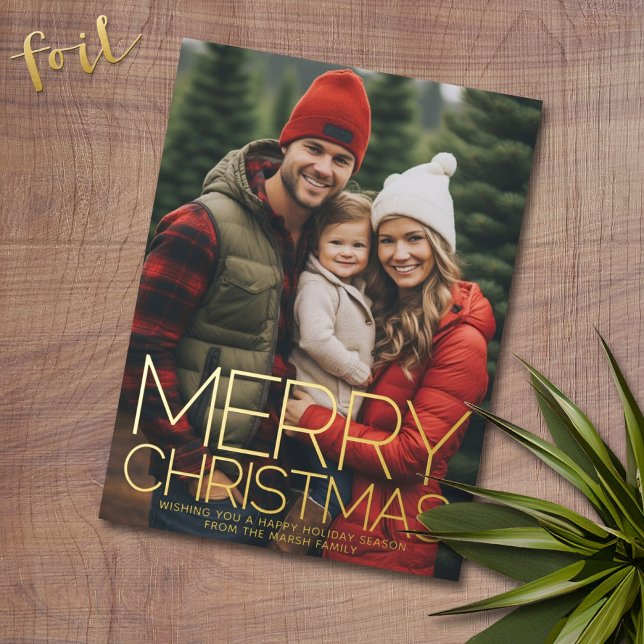 Vertical Photo - Merry Christmas - red pink star Foil Holiday Card (Foil Christmas Greeting Card with Photo)