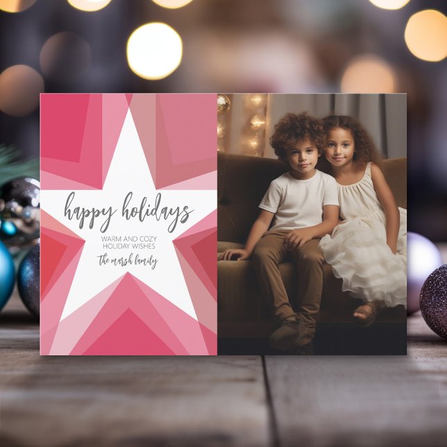 Vertical Photo Modern Star - Pink Red - Happy Holiday Card (Modern Christmas Photo Greeting Card)