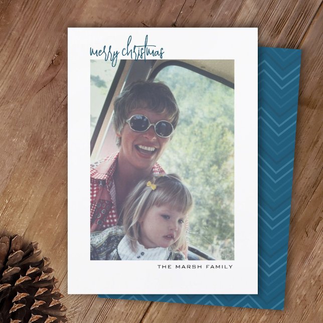 Vertical Photo - white border minimal - blue back Holiday Card (Creator Uploaded)
