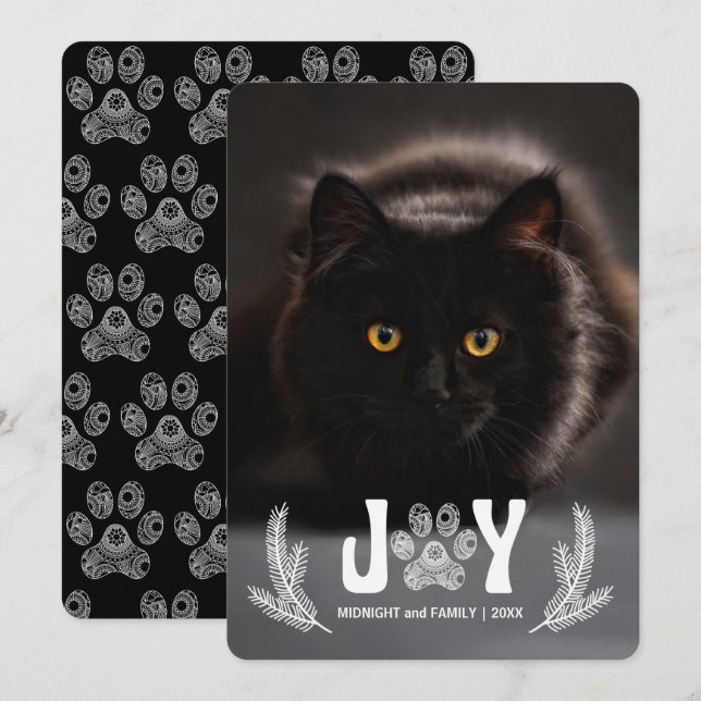 Vertical Pines and Paw Print Cat Lover Photo Holiday Card (Front/Back)