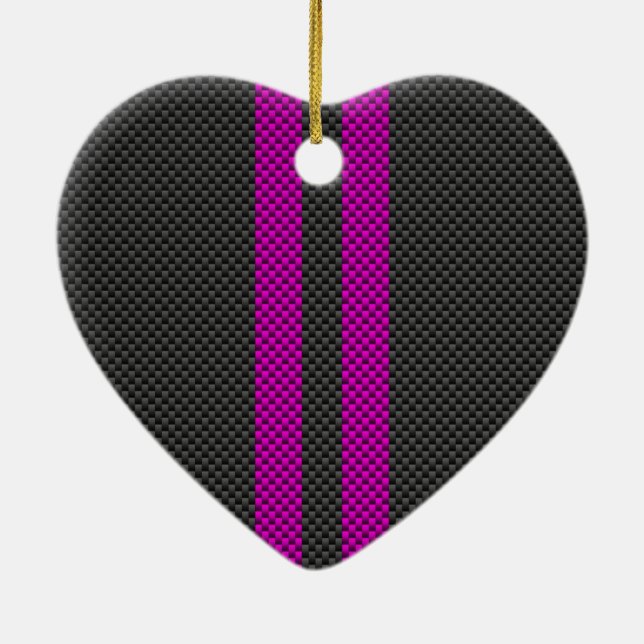 Vertical Pink Racing Stripes in Carbon Fibre Style Ceramic Ornament (Back)