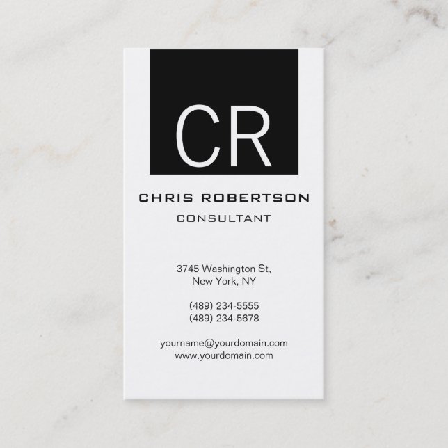 Vertical Plain Black Stripe White Business Card (Front)