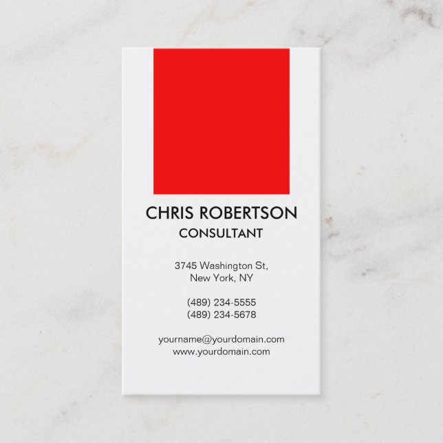 Vertical Plain Red Stripe White Business Card (Front)