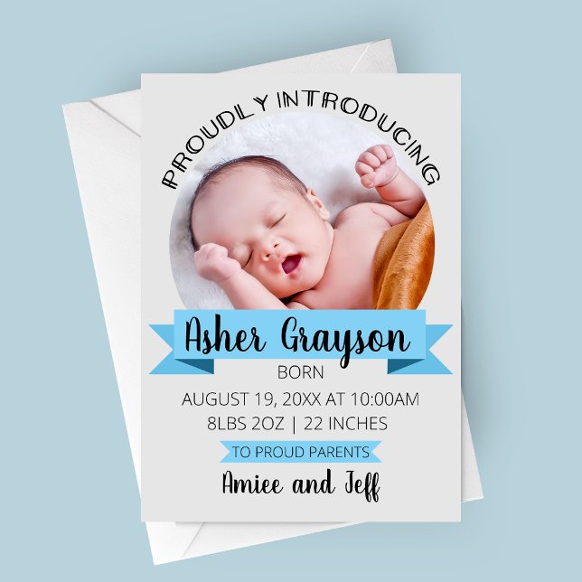 Vertical Proudly Introducing Birth Annoucement Announcement (Proudly Announcing Blue Photo Birth Announcement Card)