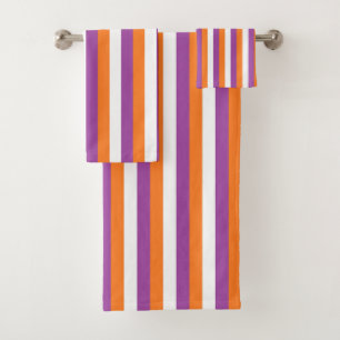 Vertical Purple, Orange and White Stripes Bath Towel Set