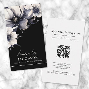 Vertical QR Code Black Floral Elegant Professional Business Card
