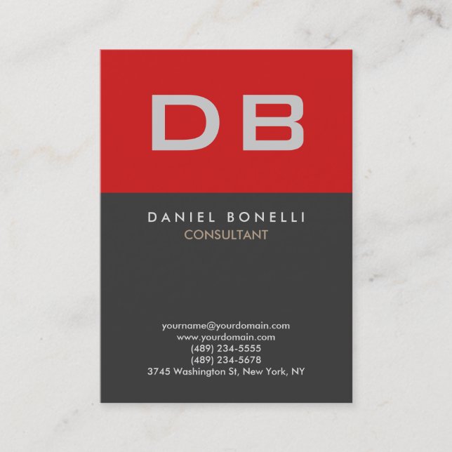 Vertical Quality Red Grey Monogram Unique Business Card (Front)