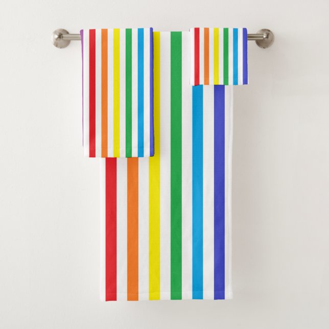 Vertical Rainbow and White Stripes Bath Towel Set (Insitu)