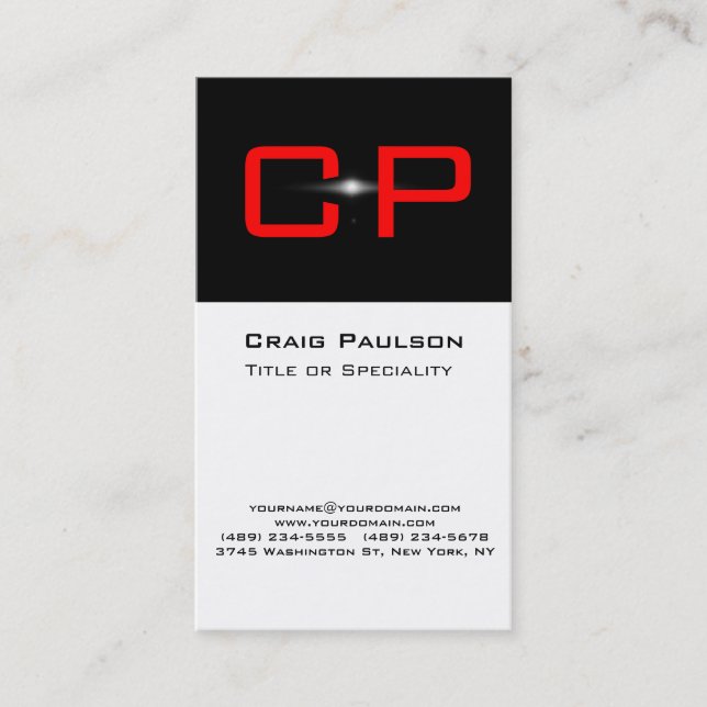 Vertical Red Black White Monogram Business Card (Front)