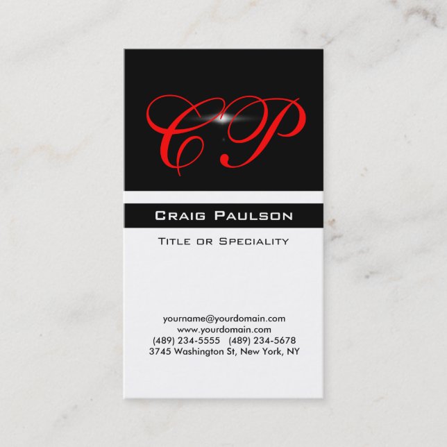 Vertical Red Black White Monogram Business Card (Front)