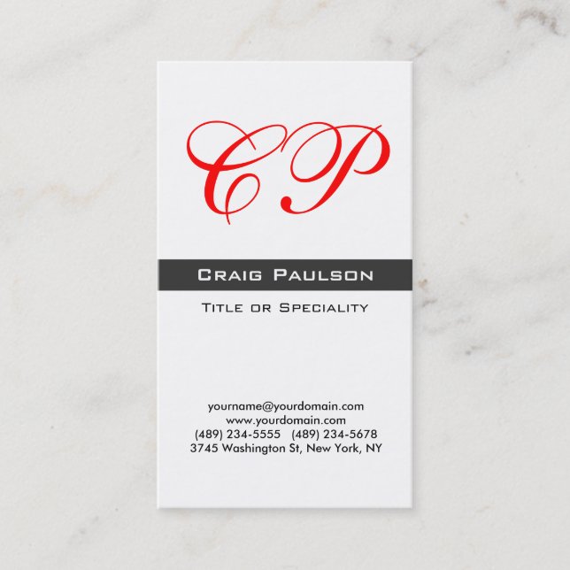 Vertical Red Black White Monogram Business Card (Front)