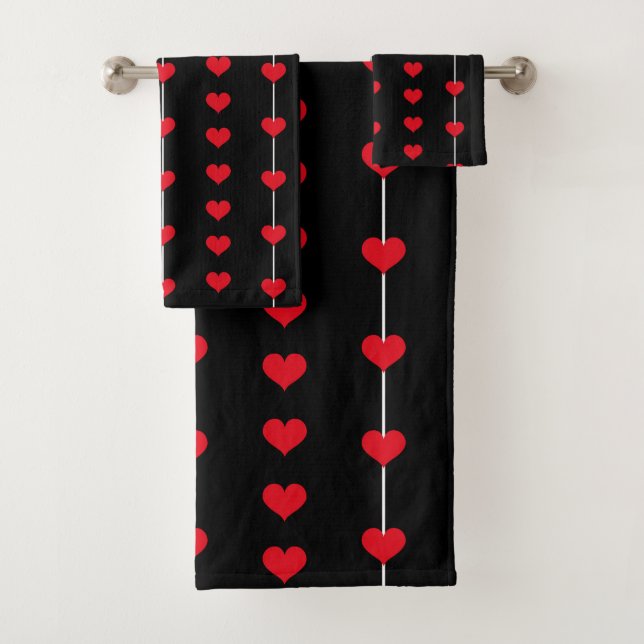 Vertical Red Heart Columns on Black Bath Towel Set (Insitu)