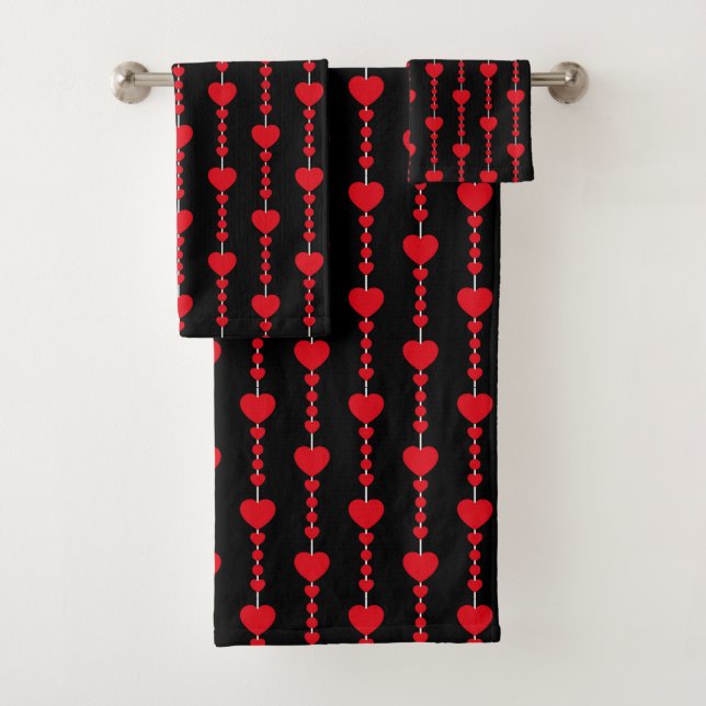 Vertical Red Heart Strings on Black Bath Towel Set (Insitu)