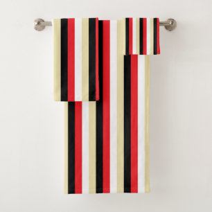 Vertical Red, White, Beige and Black Stripes Bath Towel Set