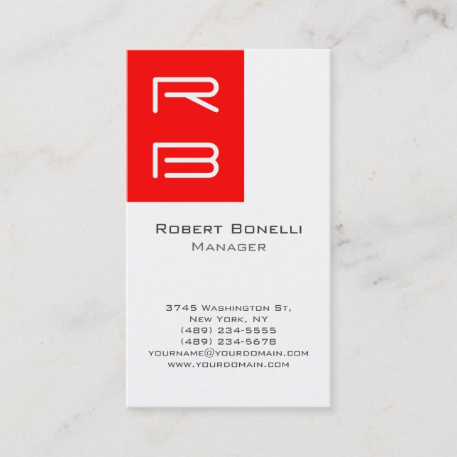Vertical Red White Monogram Manager Business Card (Front)
