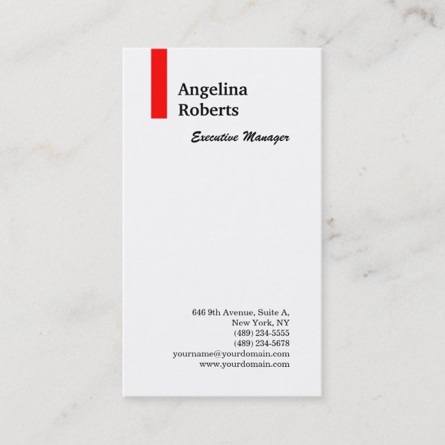 Vertical red white professional plain minimalist business card (Front)