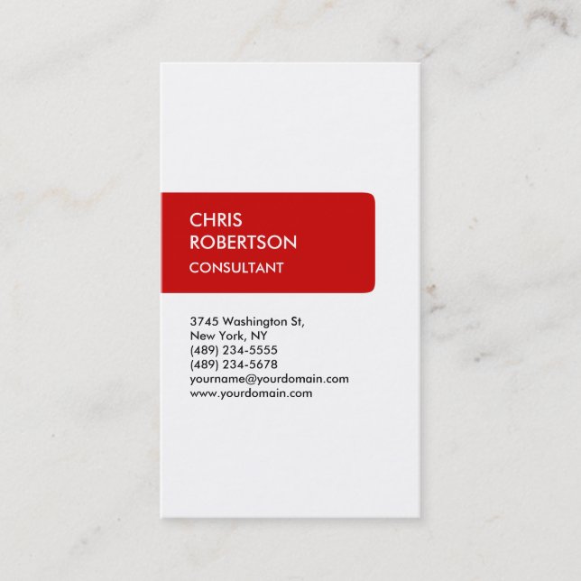Vertical Red White Simple Charming Business Card (Front)