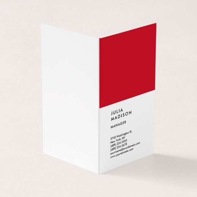 Vertical Red White Trendy Manager Consultant Business Card (Outside)