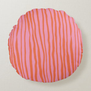 Vertical retro wavy lines - pastel orange and pink round cushion