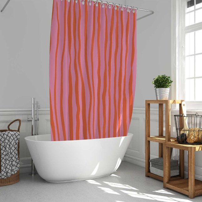 Vertical retro wavy lines - pastel orange and pink shower curtain (Creator Uploaded)