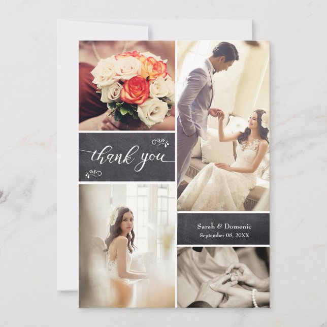 Vertical  Rustic Wedding Photo Collage Thank You Card (Front)